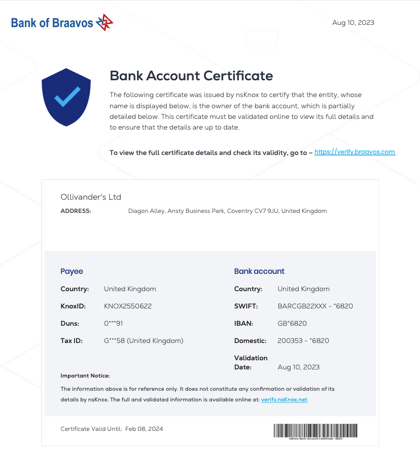 Bank account certificate